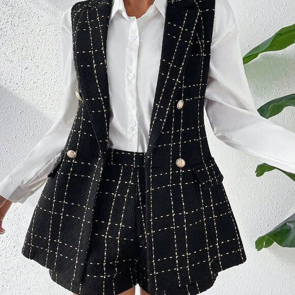 Fall Stylish Plaid Double Breasted Tweed Vest Blazer & Shorts - Picture 7 of 8